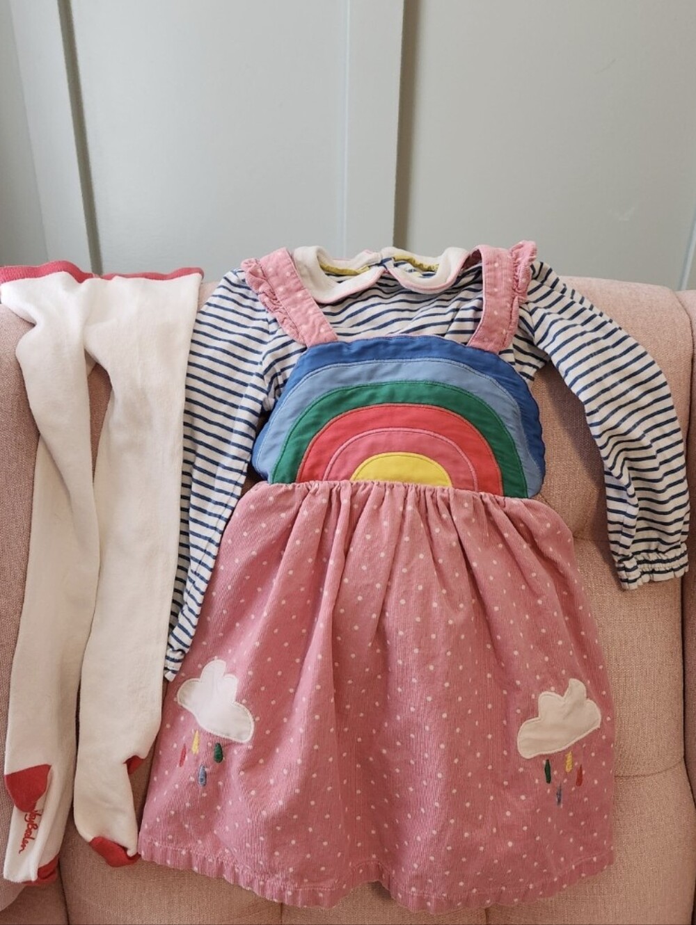 Baby Boden 3-4 Rainbow Pink Polka Dot Pinafore Dress with Striped Top